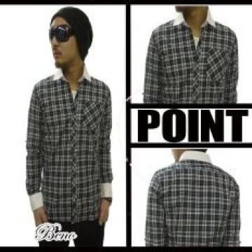 【BENO】《New》くるみボタン★ロールup*チェック柄・クレリックシャツ<ネイビーL>