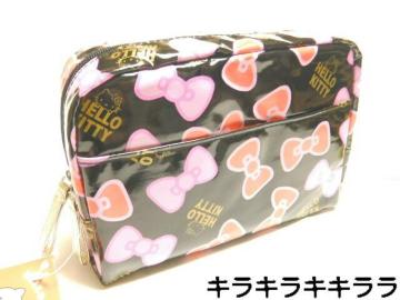 《New》キティちゃん★小物*コスメ入れに最適・リボンデザイン.スクエアポーチ<ブラック>