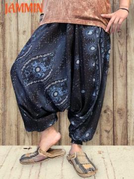 アジアン羽根柄サルエルパンツ 黒 エスニック 男女兼用 アジアン ヒッピー