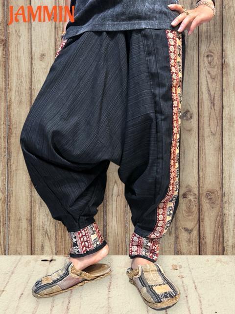 織り柄生地付きサルエルパンツ 黒 アジアン エスニック 男女兼用 ヒッピー < 男性ファッション 織り柄生地付きサルエルパンツ 黒 アジアン エスニック 男女兼用 ヒッピー < 男性ファッションの