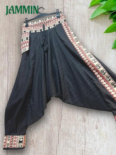 織り柄生地付きサルエルパンツ 黒 アジアン エスニック 男女兼用 ヒッピー < 男性ファッション 織り柄生地付きサルエルパンツ 黒 アジアン エスニック 男女兼用 ヒッピー < 男性ファッションの