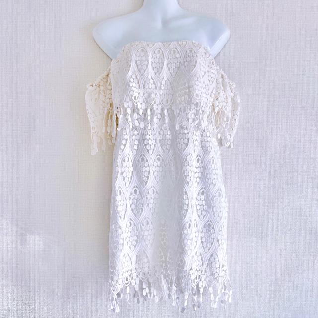 Rosarymoon白レースフリンジオフショルダーベアワンピースドレス < 女性ファッション Rosarymoon白レースフリンジオフショルダーベアワンピースドレス < 女性ファッションの