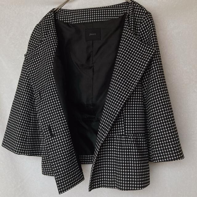 イマージュ ノーカラー 銀糸入り ドット 七分袖 モノトーン ジャケット N2m < ブランド  イマージュ ノーカラー 銀糸入り ドット 七分袖 モノトーン ジャケット N2m < ブランドの