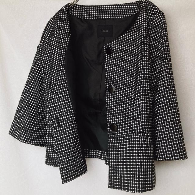 イマージュ ノーカラー 銀糸入り ドット 七分袖 モノトーン ジャケット N2m < ブランド  イマージュ ノーカラー 銀糸入り ドット 七分袖 モノトーン ジャケット N2m < ブランドの
