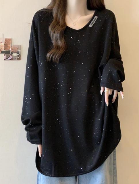 キラキララメ入り 長袖 カットソー tシャツ Vネック ブラック 大きいサイズ < 女性ファッション キラキララメ入り 長袖 カットソー tシャツ Vネック ブラック 大きいサイズ < 女性ファッションの