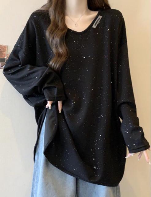 キラキララメ入り 長袖 カットソー tシャツ Vネック ブラック 大きいサイズ < 女性ファッション キラキララメ入り 長袖 カットソー tシャツ Vネック ブラック 大きいサイズ < 女性ファッションの
