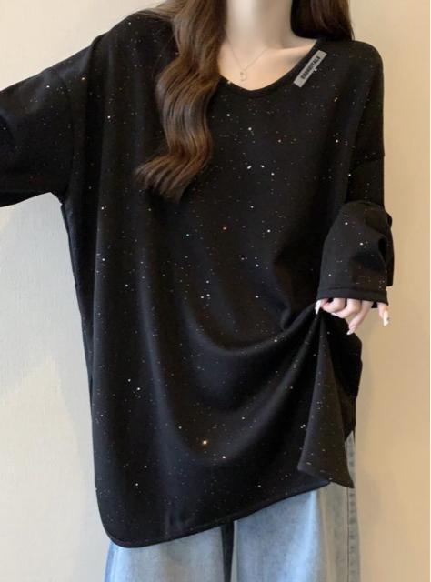 キラキララメ入り 長袖 カットソー tシャツ Vネック ブラック 大きいサイズ < 女性ファッション キラキララメ入り 長袖 カットソー tシャツ Vネック ブラック 大きいサイズ < 女性ファッションの