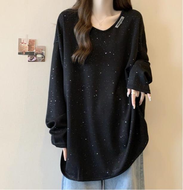 キラキララメ入り 長袖 カットソー tシャツ Vネック ブラック 大きいサイズ < 女性ファッション キラキララメ入り 長袖 カットソー tシャツ Vネック ブラック 大きいサイズ < 女性ファッションの