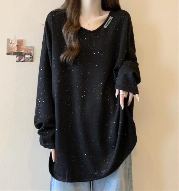 キラキララメ入り 長袖 カットソー tシャツ Vネック ブラック 大きいサイズ < 女性ファッション キラキララメ入り 長袖 カットソー tシャツ Vネック ブラック 大きいサイズ < 女性ファッションの