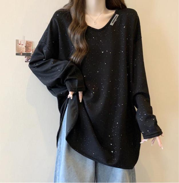 キラキララメ入り 長袖 カットソー tシャツ Vネック ブラック 大きいサイズ < 女性ファッション キラキララメ入り 長袖 カットソー tシャツ Vネック ブラック 大きいサイズ < 女性ファッションの