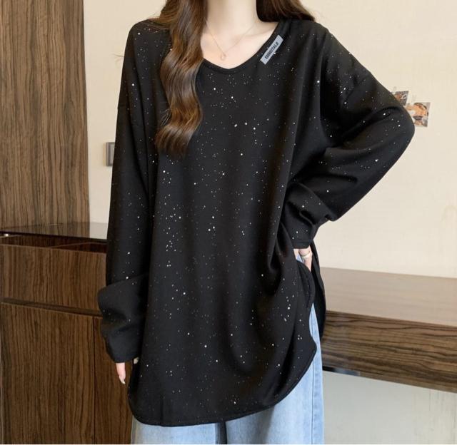 キラキララメ入り 長袖 カットソー tシャツ Vネック ブラック 大きいサイズ < 女性ファッション キラキララメ入り 長袖 カットソー tシャツ Vネック ブラック 大きいサイズ < 女性ファッションの