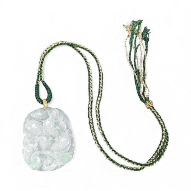 逸品一点物緑入りひすい本翡翠蓮の葉鯉6匹如意両面手彫り天然石木綿紐ネックレス < 女性アクセサリー/時計 逸品一点物緑入りひすい本翡翠蓮の葉鯉6匹如意両面手彫り天然石木綿紐ネックレス < 女性アクセサリー/時計の