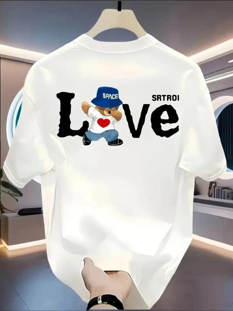 爆ヤス価格1390円★メンズ   コットンTシャツ 100% - 半袖「LOVE」グラフィック&ベアデザイン 日本サイズL 白 < 男性ファッション  爆ヤス価格1390円★メンズ   コットンTシャツ 100% - 半袖「LOVE」グラフィック&ベアデザイン 日本サイズL 白  < 男性ファッションの