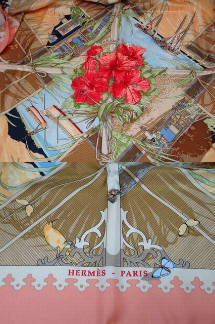 エルメス カレ90 VARANGUES バタフライ 鳥 ヨット柄 大判シルクスカーフ ピンク系 < ブランド  エルメス カレ90 VARANGUES バタフライ 鳥 ヨット柄 大判シルクスカーフ ピンク系 < ブランドの