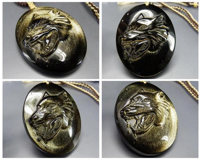 迫力発色良好ゴールドオブシディアン狼頭彫刻品天然石高級木綿紐ネックレス < 男性アクセサリー/時計  迫力発色良好ゴールドオブシディアン狼頭彫刻品天然石高級木綿紐ネックレス < 男性アクセサリー/時計の