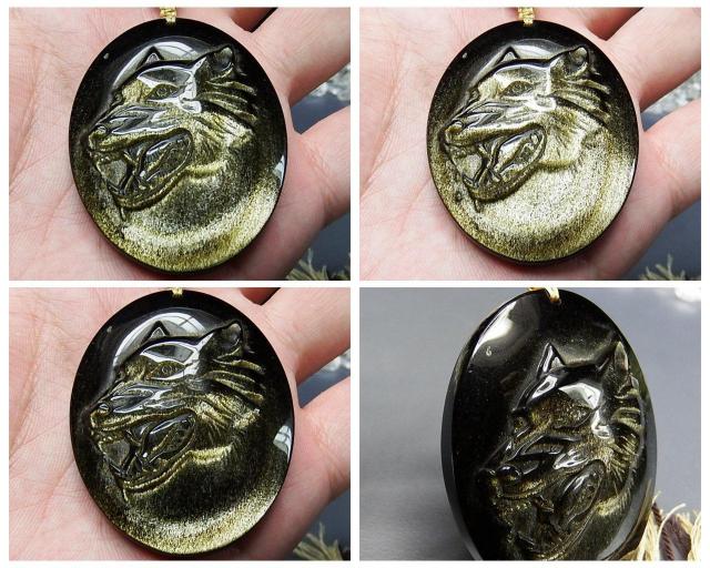 迫力発色良好ゴールドオブシディアン狼頭彫刻品天然石高級木綿紐ネックレス < 男性アクセサリー/時計  迫力発色良好ゴールドオブシディアン狼頭彫刻品天然石高級木綿紐ネックレス < 男性アクセサリー/時計の