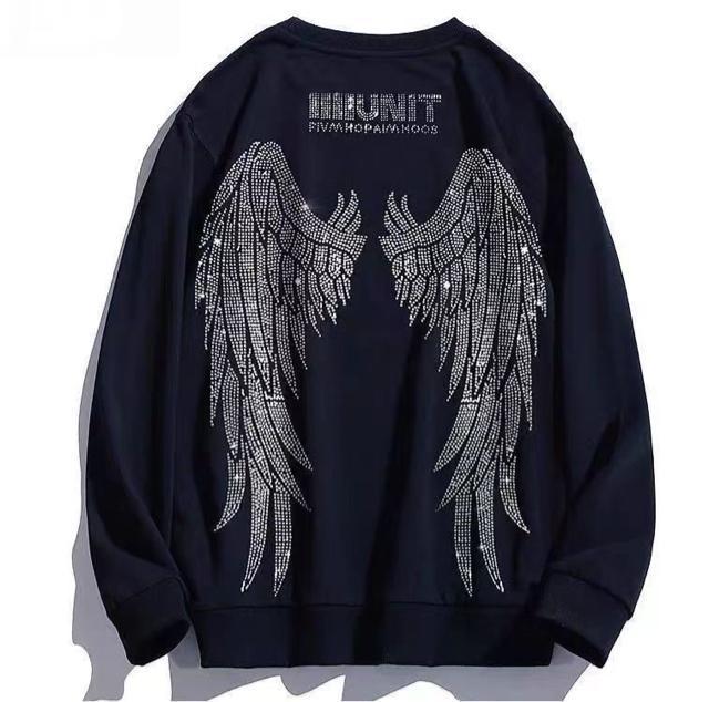 男女兼用 トレーナー キラキララインストーン付き 天使の羽柄 ブラック 大きいサイズ < 女性ファッション 男女兼用 トレーナー キラキララインストーン付き 天使の羽柄 ブラック 大きいサイズ < 女性ファッションの