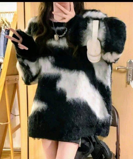 可愛いカゥ柄★ シャギーニットセーター モノトーン オーバーサイズ < 女性ファッション 可愛いカゥ柄★ シャギーニットセーター モノトーン オーバーサイズ < 女性ファッションの