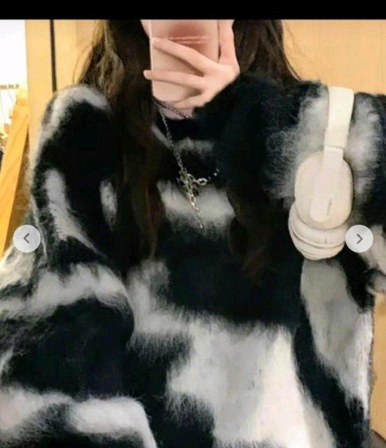 可愛いカゥ柄★ シャギーニットセーター モノトーン オーバーサイズ < 女性ファッション 可愛いカゥ柄★ シャギーニットセーター モノトーン オーバーサイズ < 女性ファッションの
