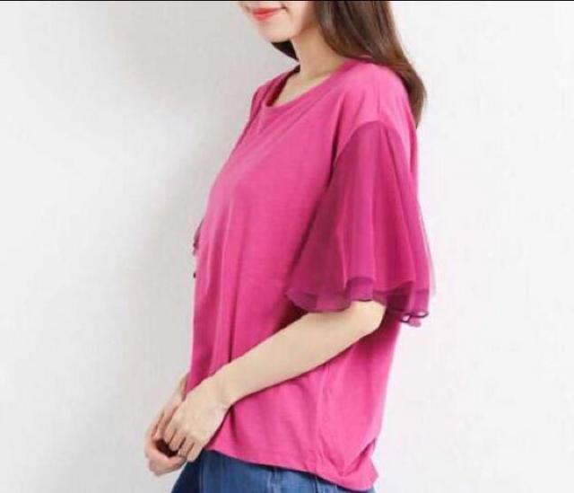 SALE●定価3,229円●フレアスリーブゆるプルオーバー半袖Tシャツ●ピンク●on the dayオンザデイ < 女性ファッション  SALE●定価3,229円●フレアスリーブゆるプルオーバー半袖Tシャツ●ピンク●on the dayオンザデイ < 女性ファッションの