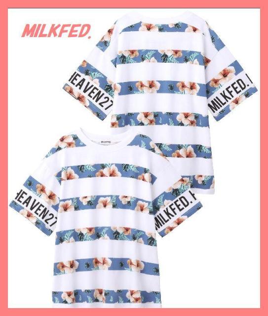 ☆ミルクフェド☆超美品☆完売レア!フレア袖ロゴ花柄ボーダーオーバーサイズTシャツ☆ < ブランド  ☆ミルクフェド☆超美品☆完売レア!フレア袖ロゴ花柄ボーダーオーバーサイズTシャツ☆  < ブランドの