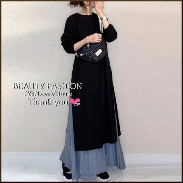 〜3L*2点セット/スリットTチュニワンピ+マキシスカート*黒水色 < 女性ファッション 〜3L*2点セット/スリットTチュニワンピ+マキシスカート*黒水色 < 女性ファッションの