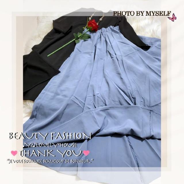 〜3L*2点セット/スリットTチュニワンピ+マキシスカート*黒水色 < 女性ファッション 〜3L*2点セット/スリットTチュニワンピ+マキシスカート*黒水色 < 女性ファッションの