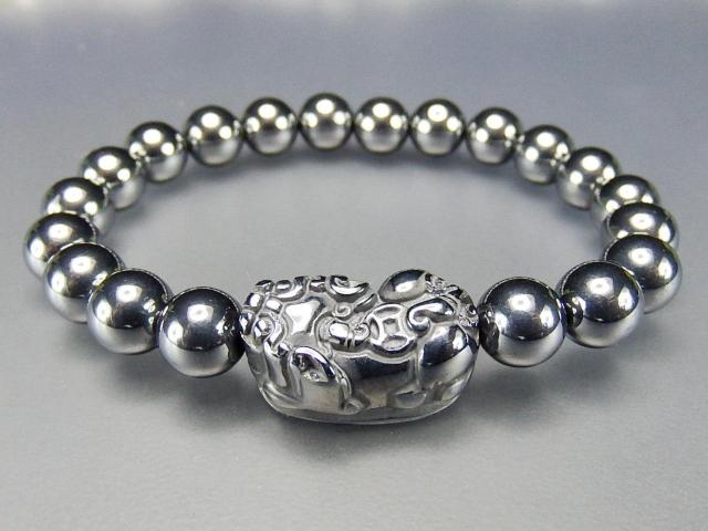 AAA高純度テラヘルツ鉱石約8mm強ヒキュウ彫刻数珠ブレスレット < 女性アクセサリー/時計  AAA高純度テラヘルツ鉱石約8mm強ヒキュウ彫刻数珠ブレスレット < 女性アクセサリー/時計の