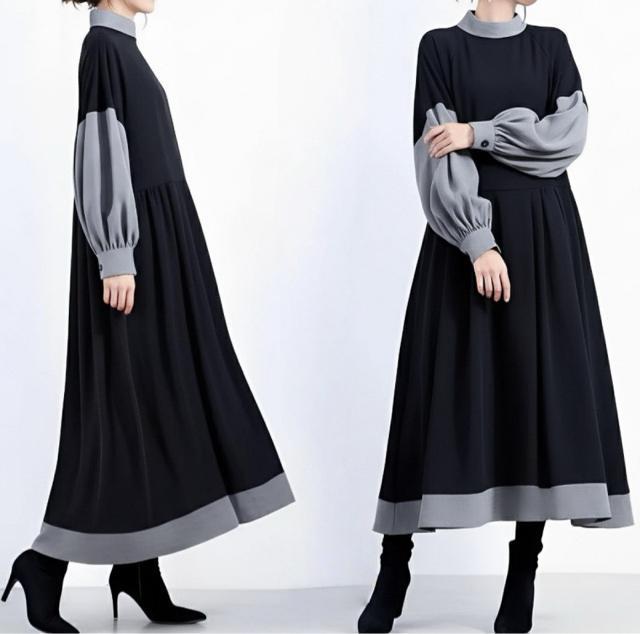 Aライン 配色 ロングフレアワンピース ブラックグレー 大きいサイズ < 女性ファッション Aライン 配色 ロングフレアワンピース ブラックグレー 大きいサイズ < 女性ファッションの