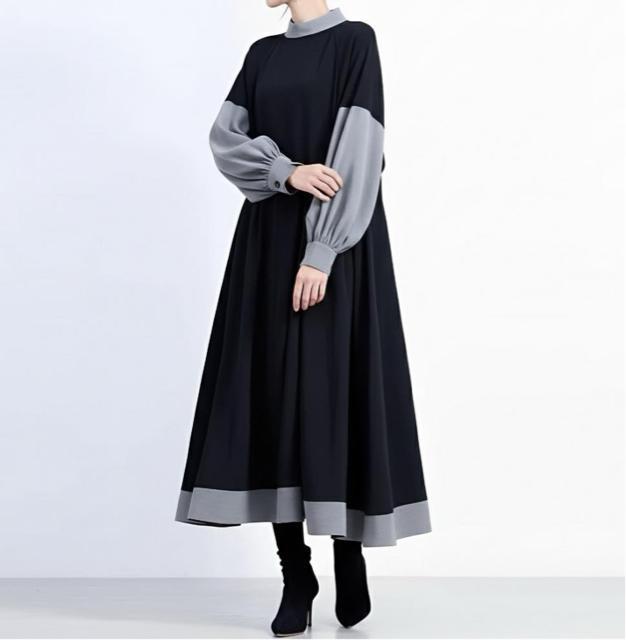 Aライン 配色 ロングフレアワンピース ブラックグレー 大きいサイズ < 女性ファッション Aライン 配色 ロングフレアワンピース ブラックグレー 大きいサイズ < 女性ファッションの