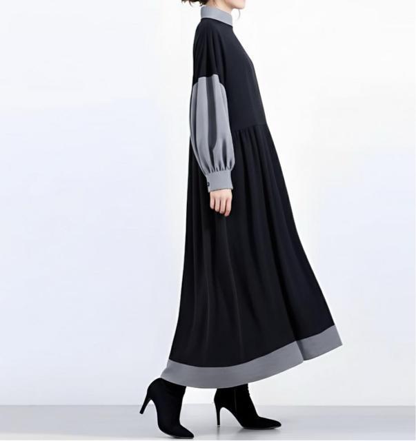 Aライン 配色 ロングフレアワンピース ブラックグレー 大きいサイズ < 女性ファッション Aライン 配色 ロングフレアワンピース ブラックグレー 大きいサイズ < 女性ファッションの