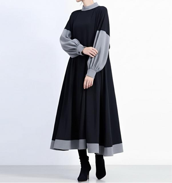 Aライン 配色 ロングフレアワンピース ブラックグレー 大きいサイズ < 女性ファッション Aライン 配色 ロングフレアワンピース ブラックグレー 大きいサイズ < 女性ファッションの