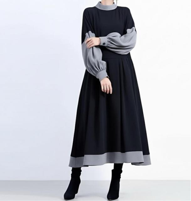 Aライン 配色 ロングフレアワンピース ブラックグレー 大きいサイズ < 女性ファッション Aライン 配色 ロングフレアワンピース ブラックグレー 大きいサイズ < 女性ファッションの