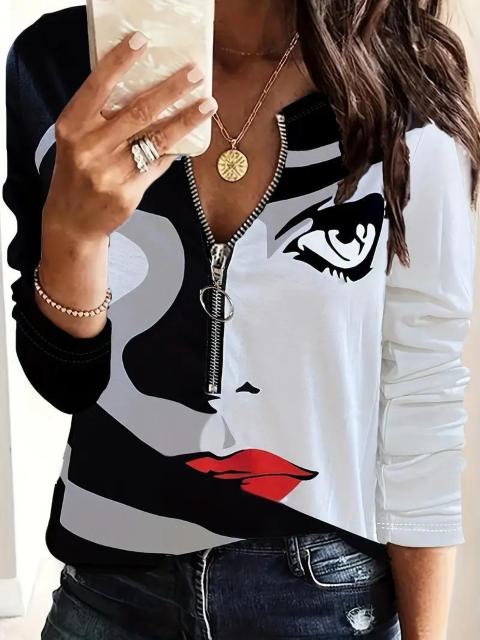 超お買い得1690円★抽象的なグラフィック プリント ジップ フロント T シャツ、春と秋 USAサイズS(日本サイズL相当) < 女性ファッション  超お買い得1690円★抽象的なグラフィック プリント ジップ フロント T シャツ、春と秋 USAサイズS(日本サイズL相当)  < 女性ファッションの