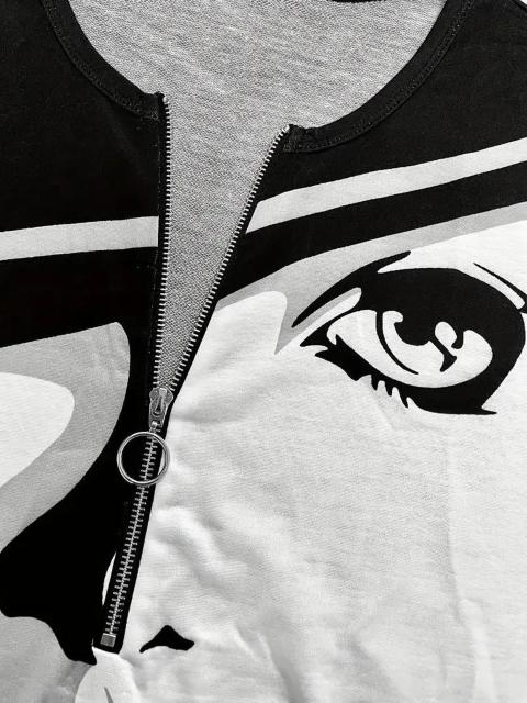 超お買い得1690円★抽象的なグラフィック プリント ジップ フロント T シャツ、春と秋 USAサイズS(日本サイズL相当) < 女性ファッション  超お買い得1690円★抽象的なグラフィック プリント ジップ フロント T シャツ、春と秋 USAサイズS(日本サイズL相当) < 女性ファッションの