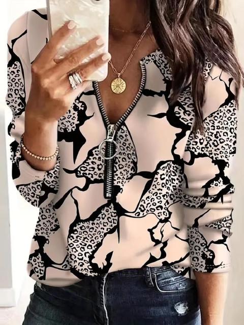 超お買い得1690円★抽象的なグラフィック プリント ジップ フロント T シャツ、春と秋 USAサイズS(日本サイズL相当) < 女性ファッション  超お買い得1690円★抽象的なグラフィック プリント ジップ フロント T シャツ、春と秋 USAサイズS(日本サイズL相当) < 女性ファッションの