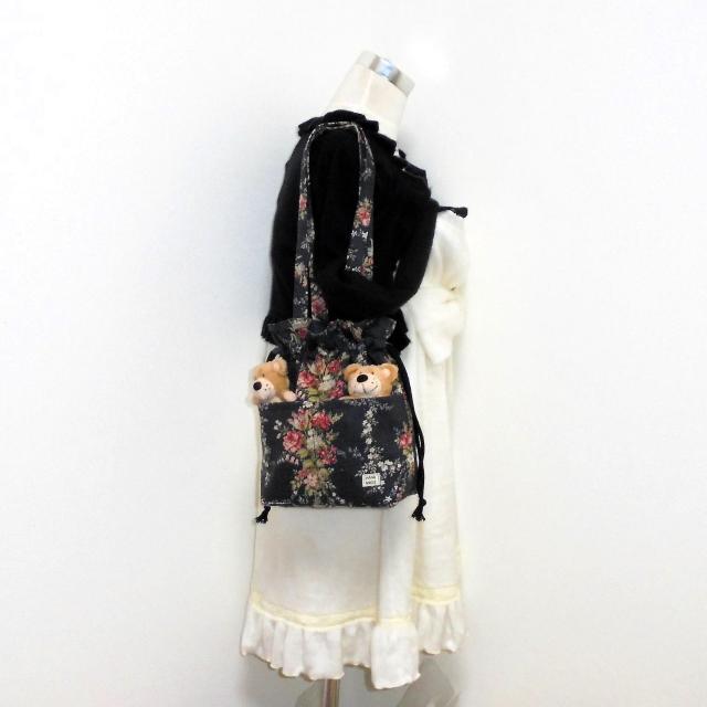 ◆ピンク小花×濃灰地◆外ポケットA持ち手付き巾着 < 女性ファッション  ◆ピンク小花×濃灰地◆外ポケットA持ち手付き巾着 < 女性ファッションの