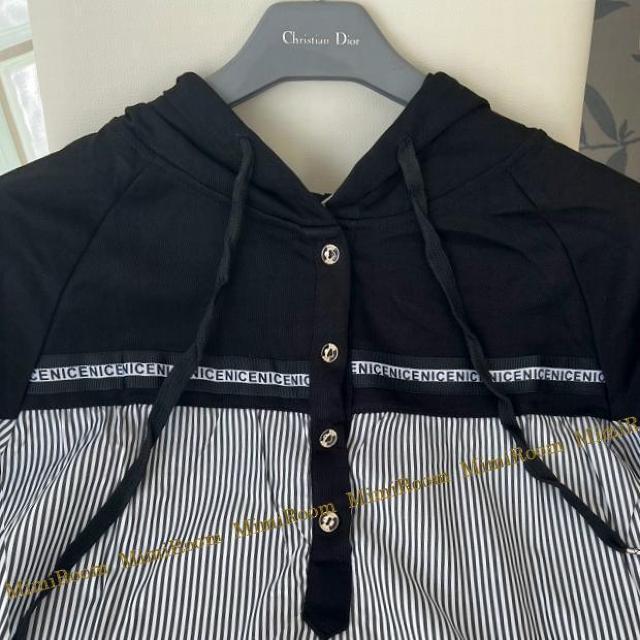 【〜3L】ストライプ切替&フード付き 裾ヘムラインチュニックトップス < 女性ファッション 【〜3L】ストライプ切替&フード付き 裾ヘムラインチュニックトップス < 女性ファッションの