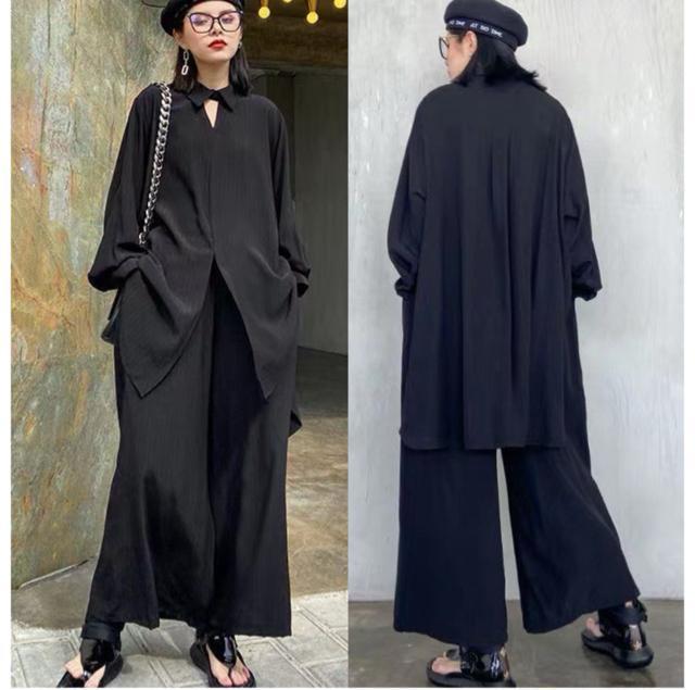 セットアップ ストライプ柄 前結びブラウス ガウチョパンツ ブラック 大きいサイズ < 女性ファッション セットアップ ストライプ柄 前結びブラウス ガウチョパンツ ブラック 大きいサイズ < 女性ファッションの