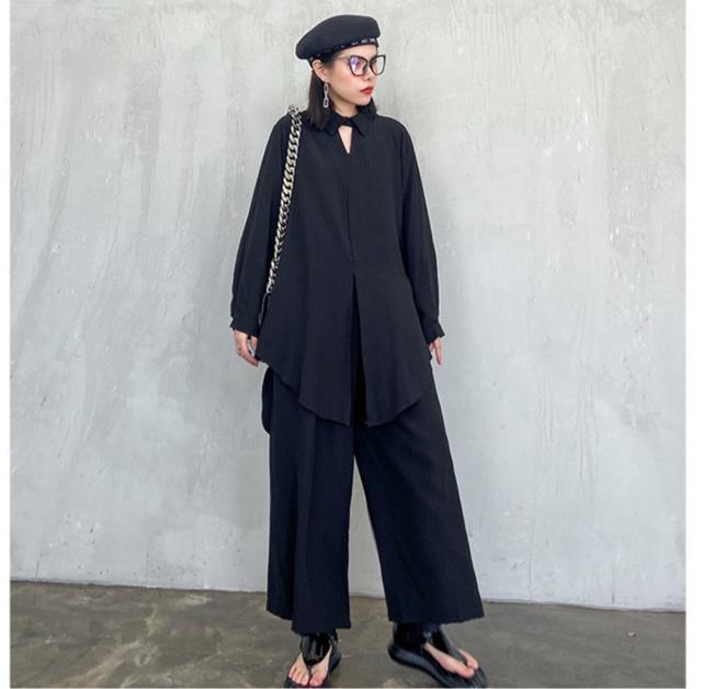 セットアップ ストライプ柄 前結びブラウス ガウチョパンツ ブラック 大きいサイズ < 女性ファッション セットアップ ストライプ柄 前結びブラウス ガウチョパンツ ブラック 大きいサイズ < 女性ファッションの