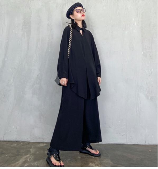 セットアップ ストライプ柄 前結びブラウス ガウチョパンツ ブラック 大きいサイズ < 女性ファッション セットアップ ストライプ柄 前結びブラウス ガウチョパンツ ブラック 大きいサイズ < 女性ファッションの