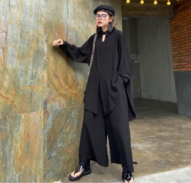 セットアップ ストライプ柄 前結びブラウス ガウチョパンツ ブラック 大きいサイズ < 女性ファッション セットアップ ストライプ柄 前結びブラウス ガウチョパンツ ブラック 大きいサイズ < 女性ファッションの