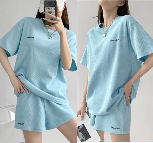 セットアップ ショートパンツ 刺繍英字 ブルー 大きいサイズ < 女性ファッション セットアップ ショートパンツ 刺繍英字 ブルー 大きいサイズ < 女性ファッションの