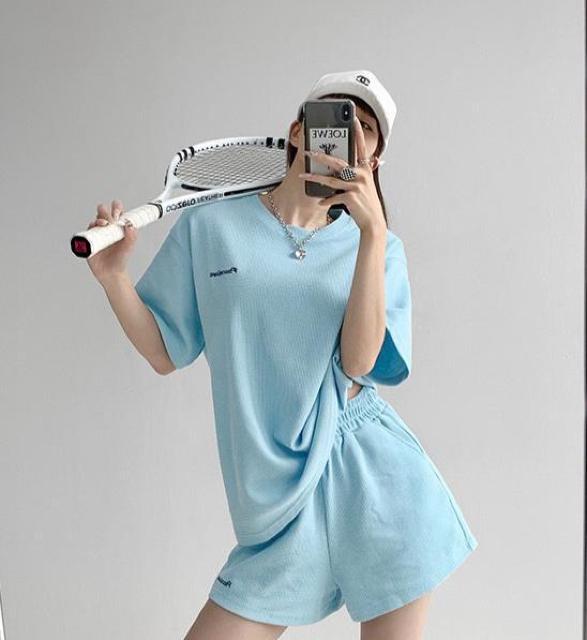 セットアップ ショートパンツ 刺繍英字 ブルー 大きいサイズ < 女性ファッション セットアップ ショートパンツ 刺繍英字 ブルー 大きいサイズ < 女性ファッションの