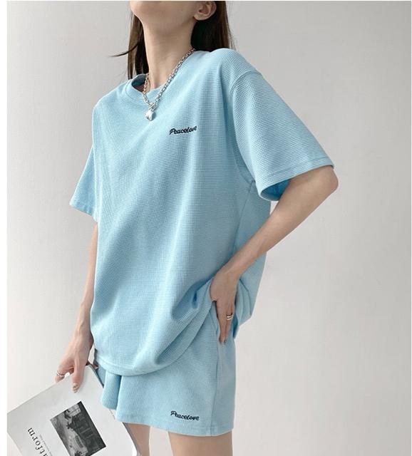 セットアップ ショートパンツ 刺繍英字 ブルー 大きいサイズ < 女性ファッション セットアップ ショートパンツ 刺繍英字 ブルー 大きいサイズ < 女性ファッションの
