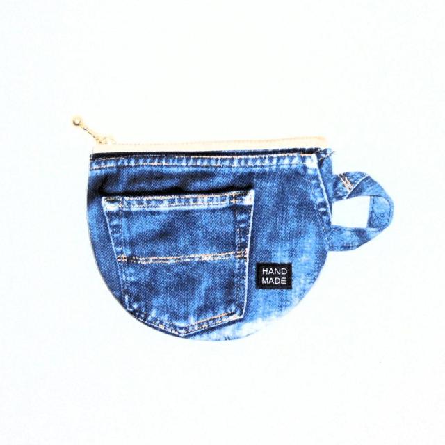 【13p】◆デニム柄ネイビーブルー地◆ティーカップ型ファスナーポーチ < 女性ファッション 【13p】◆デニム柄ネイビーブルー地◆ティーカップ型ファスナーポーチ < 女性ファッションの