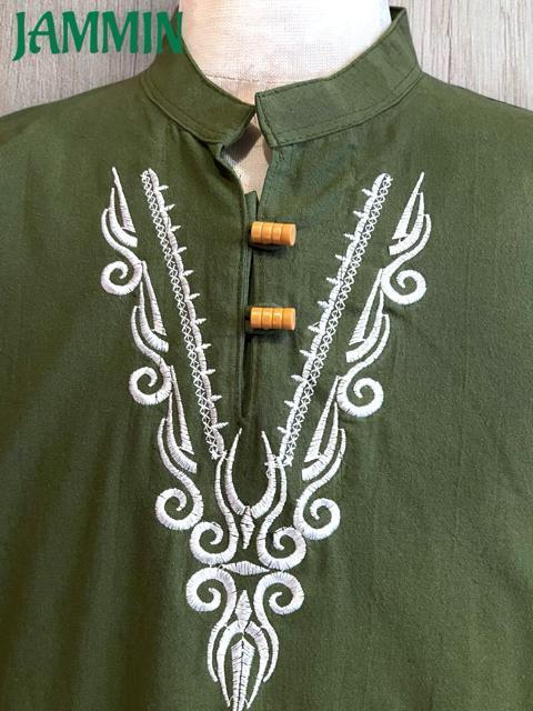 刺繍入りクルタ カーキ アジアン エスニック ヒッピー グリーン 個性派 < 男性ファッション  刺繍入りクルタ カーキ アジアン エスニック ヒッピー グリーン 個性派 < 男性ファッションの