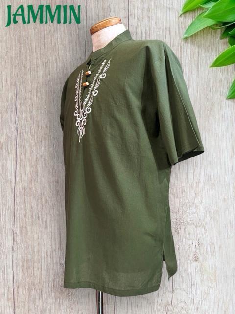 刺繍入りクルタ カーキ アジアン エスニック ヒッピー グリーン 個性派 < 男性ファッション  刺繍入りクルタ カーキ アジアン エスニック ヒッピー グリーン 個性派 < 男性ファッションの