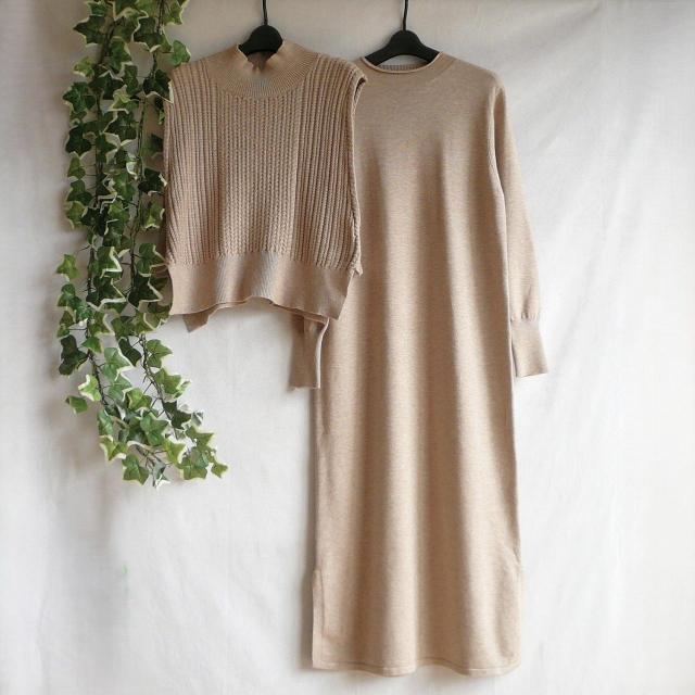 新品 9948 ML ニット セットアップ ベージュ 秋 冬 レディース ケーブル編みハイネックニットベスト ニットワンピース < 女性ファッション 新品 9948 ML ニット セットアップ ベージュ 秋 冬 レディース ケーブル編みハイネックニットベスト ニットワンピース < 女性ファッションの