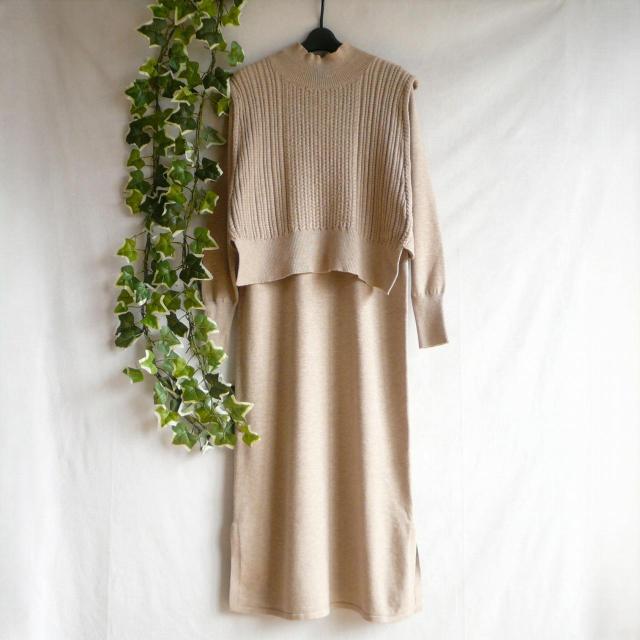 新品 9948 ML ニット セットアップ ベージュ 秋 冬 レディース ケーブル編みハイネックニットベスト ニットワンピース < 女性ファッション 新品 9948 ML ニット セットアップ ベージュ 秋 冬 レディース ケーブル編みハイネックニットベスト ニットワンピース < 女性ファッションの